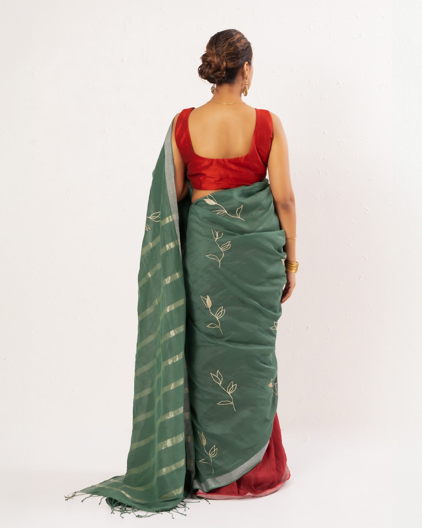 Green maroon embroidered handwoven linen saree