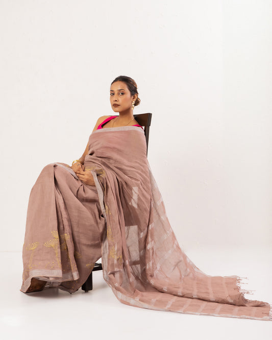 Old rose embroidered handwoven linen saree