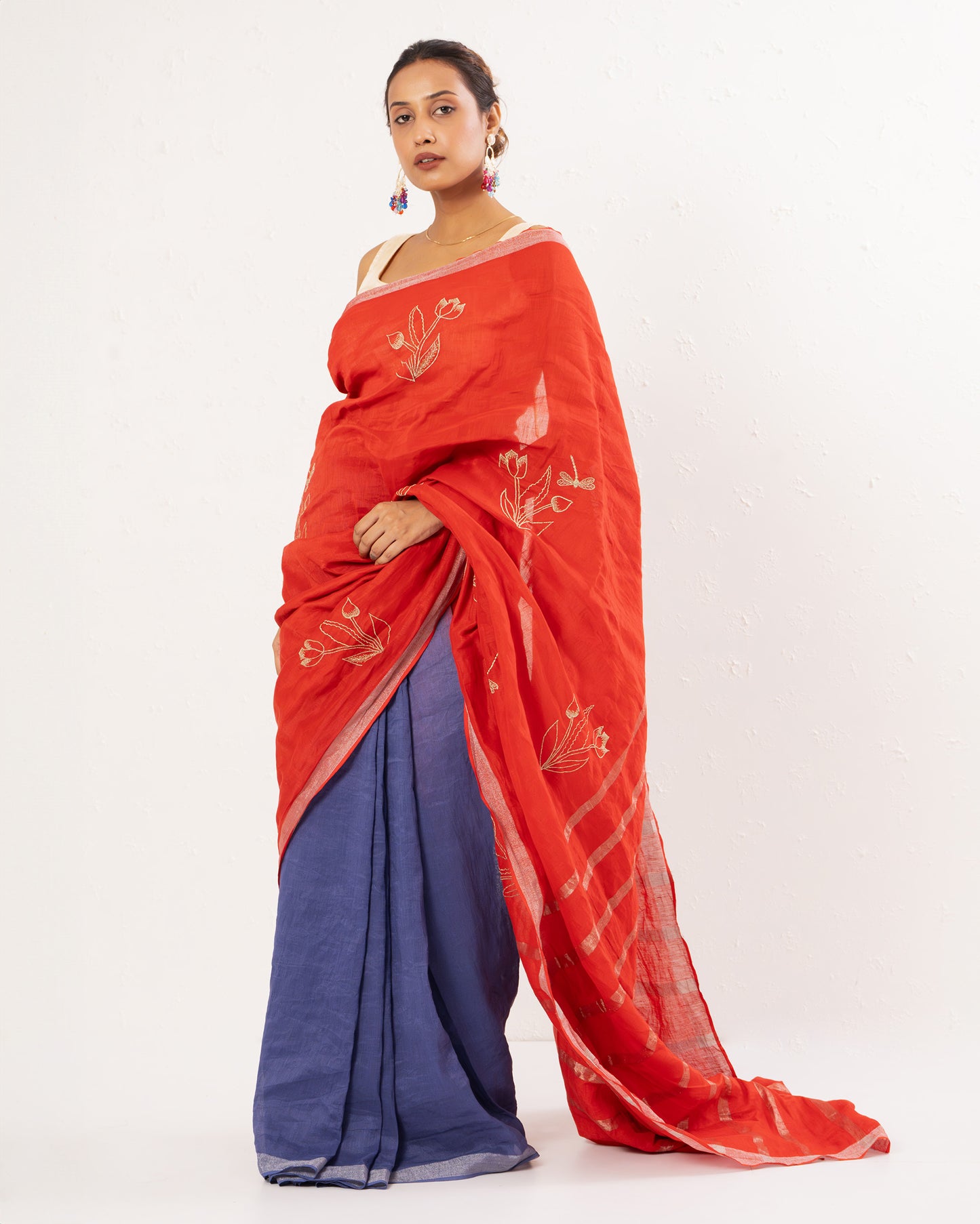 Red purple embroidered handwoven linen saree