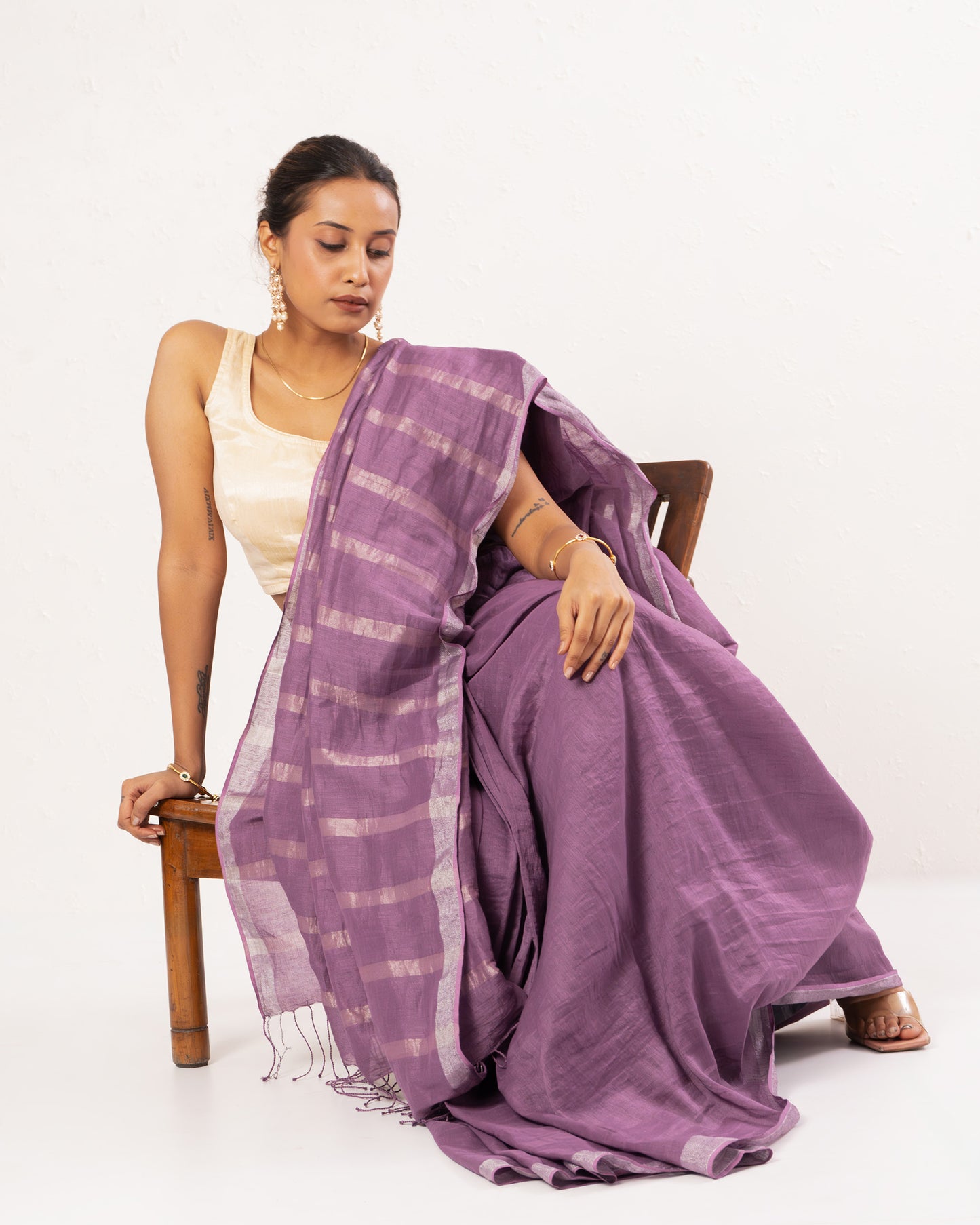 Purple handwoven linen Festive saree