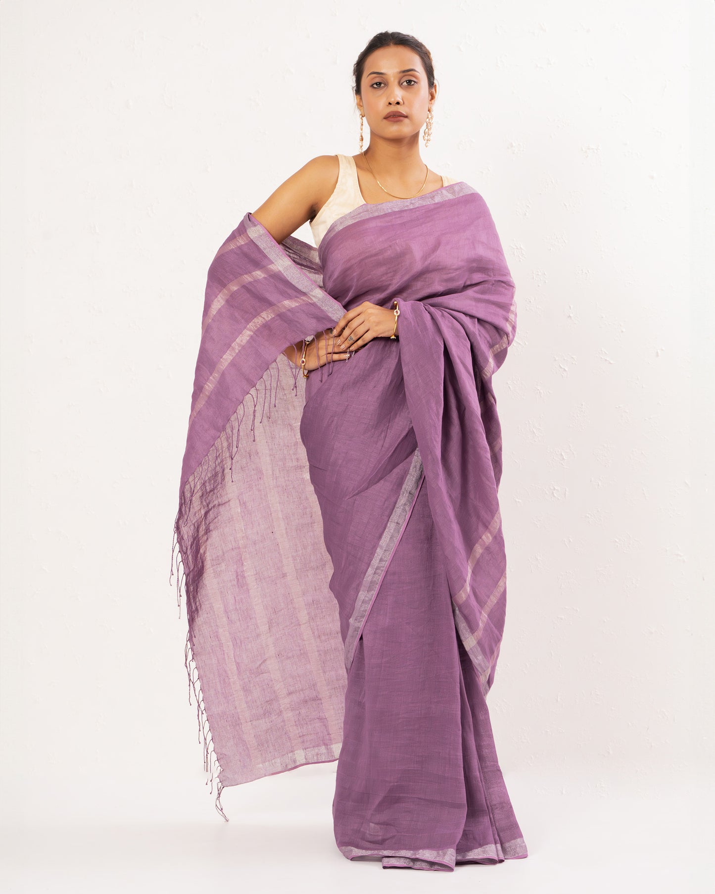 Purple handwoven linen Festive saree