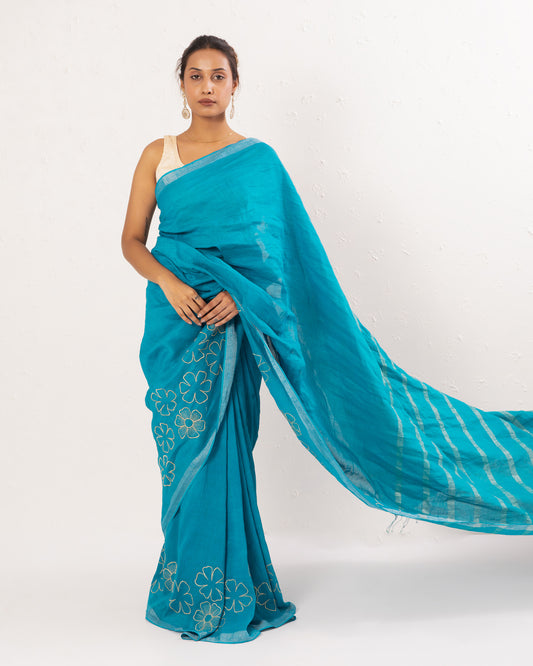 Cyan Blue embroidered handwoven linen saree