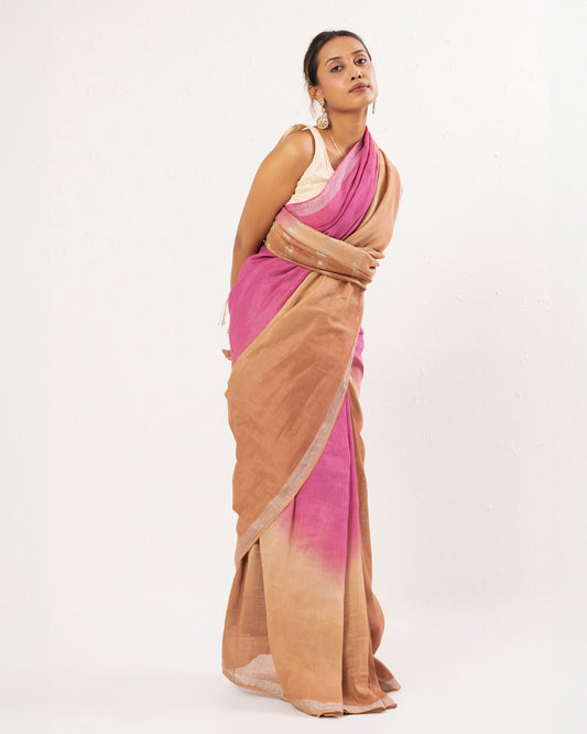 Pink brown handwoven linen Festive saree