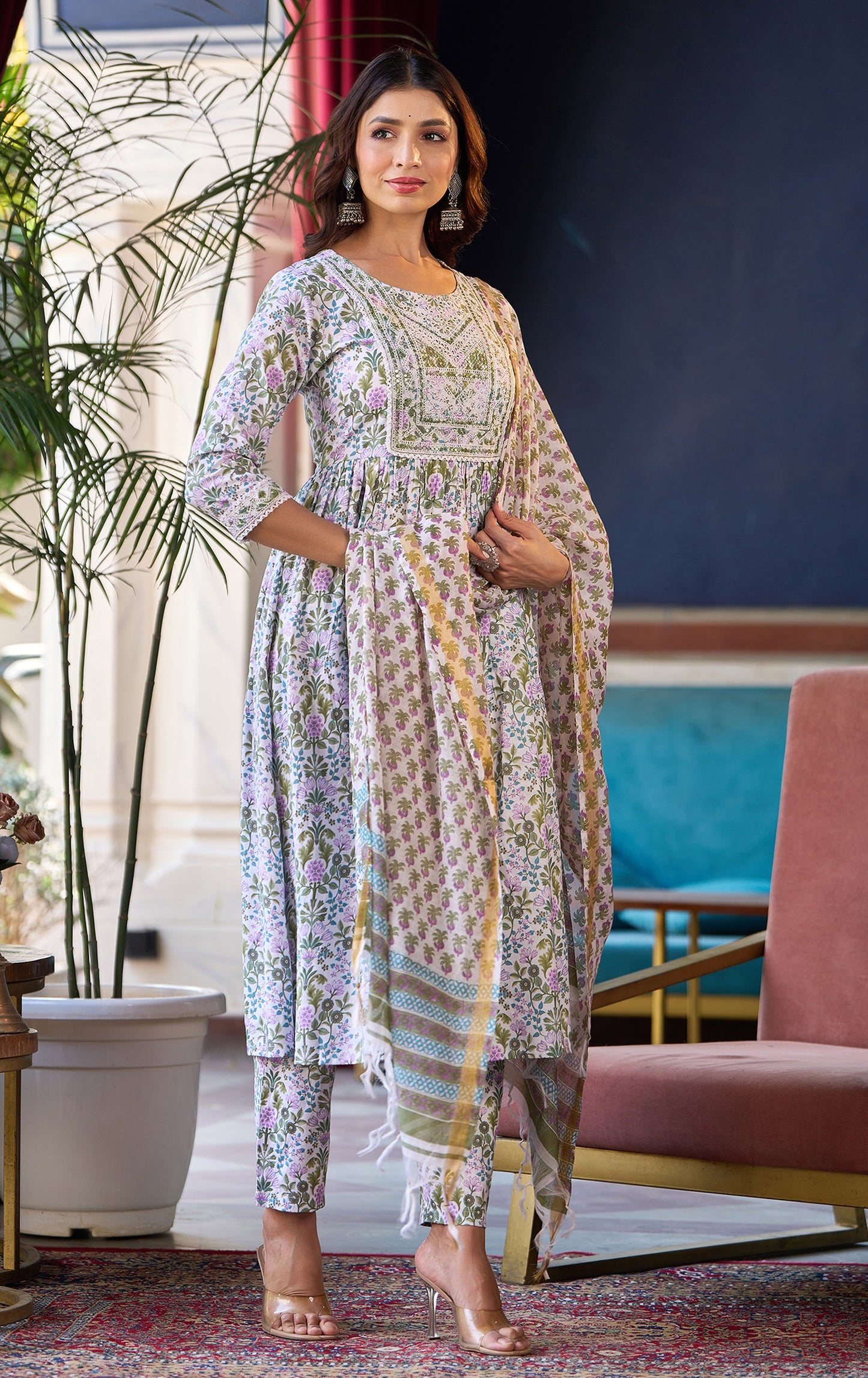 Devi Women Light Green, Purple, White Printed Viscose Rayon Kurta, Pant And Dupatta Set