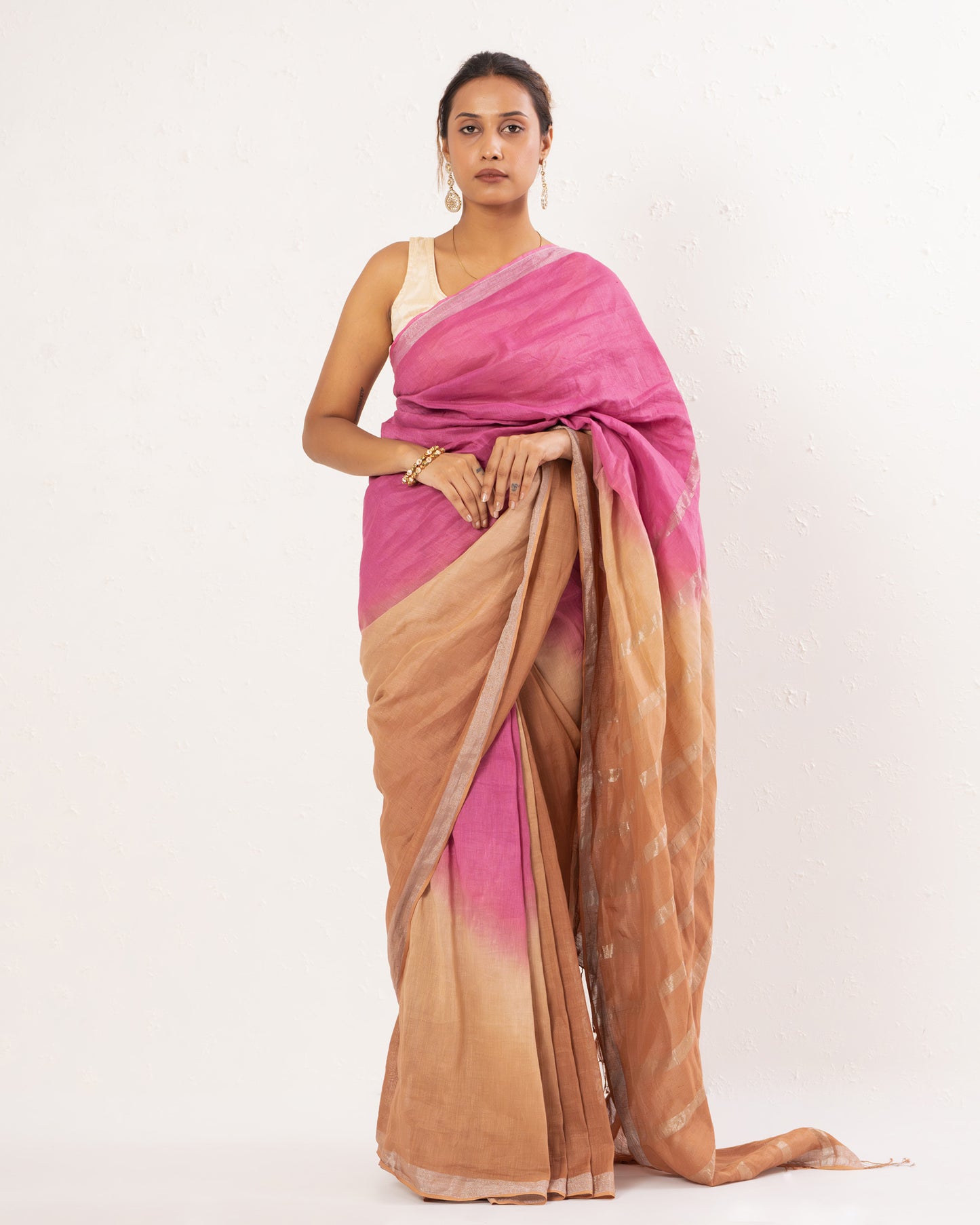 Pink brown handwoven linen Festive saree