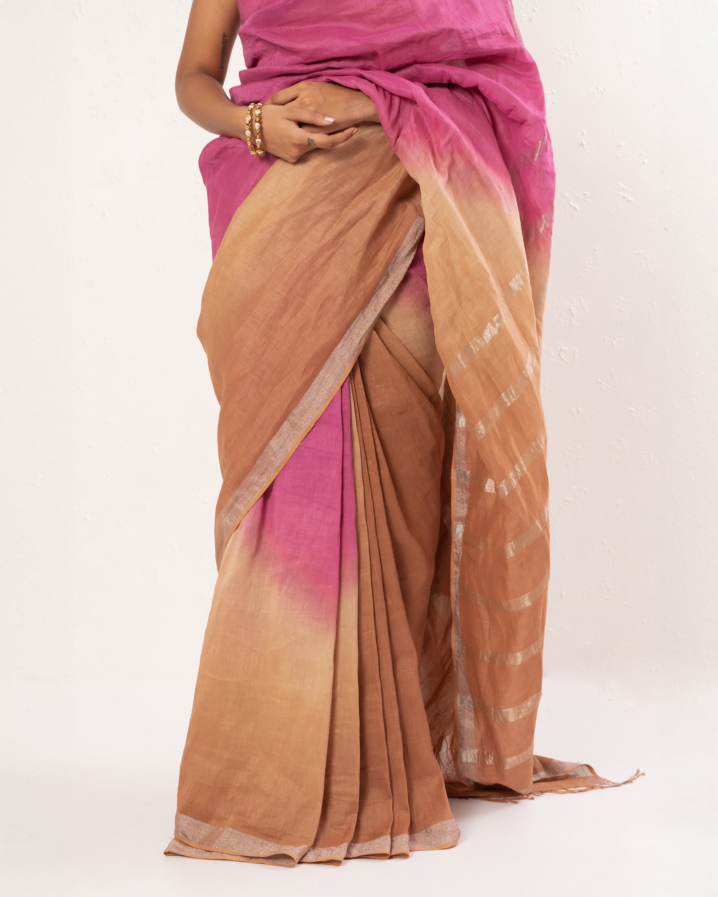 Pink brown handwoven linen Festive saree