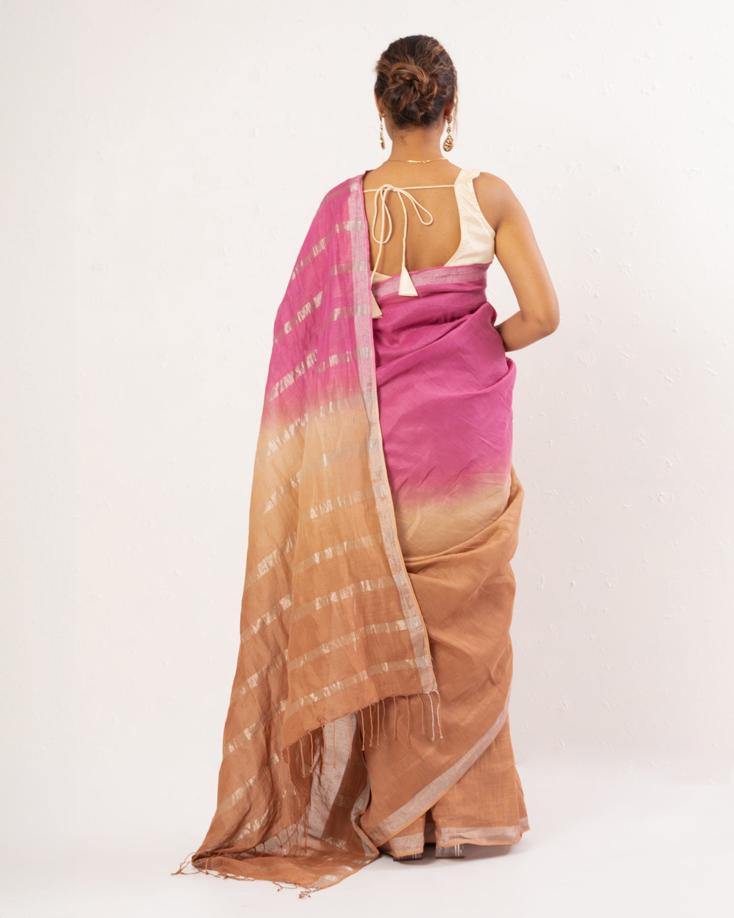 Pink brown handwoven linen Festive saree