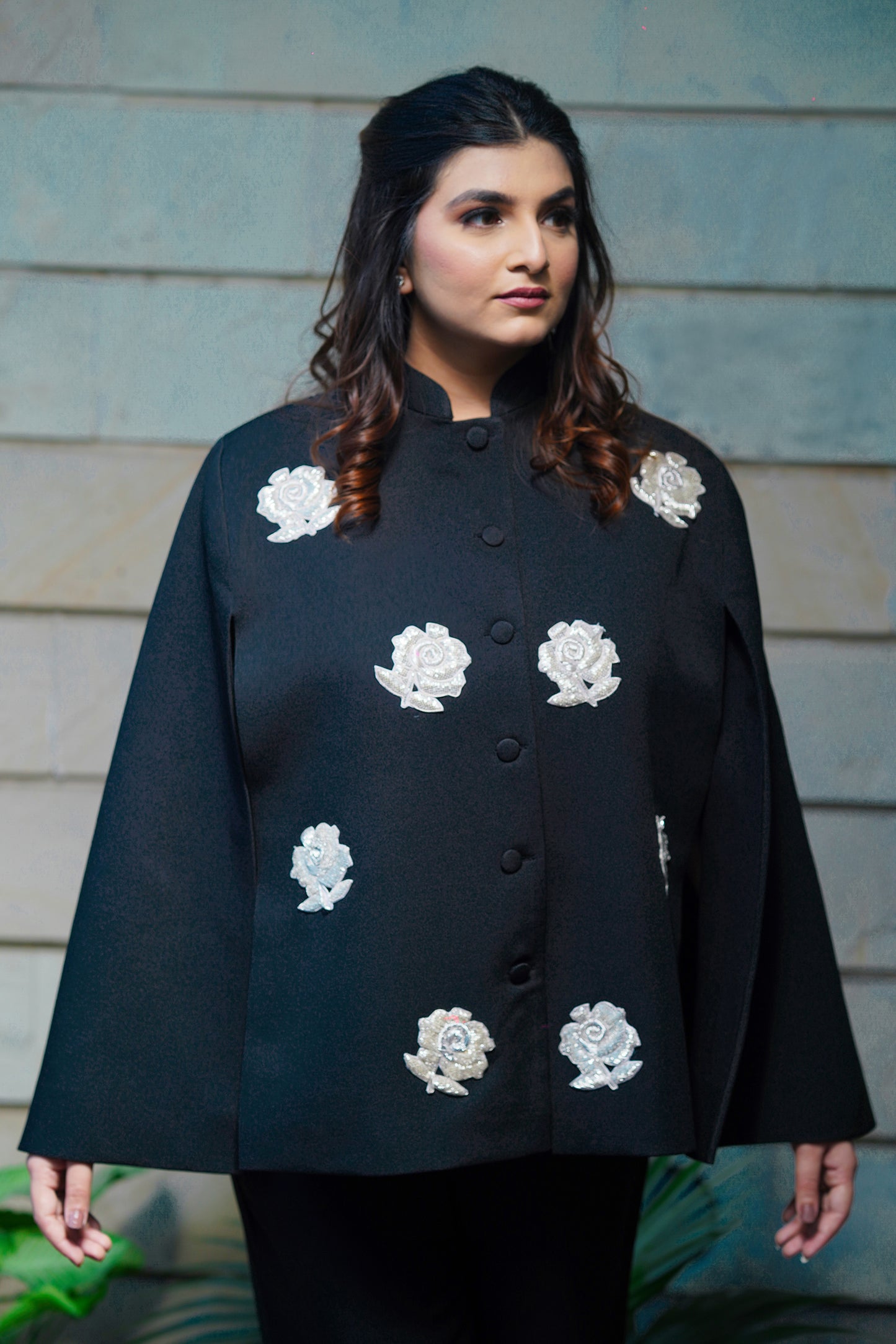 Noir Black Bloom Embroidered Cape Coat