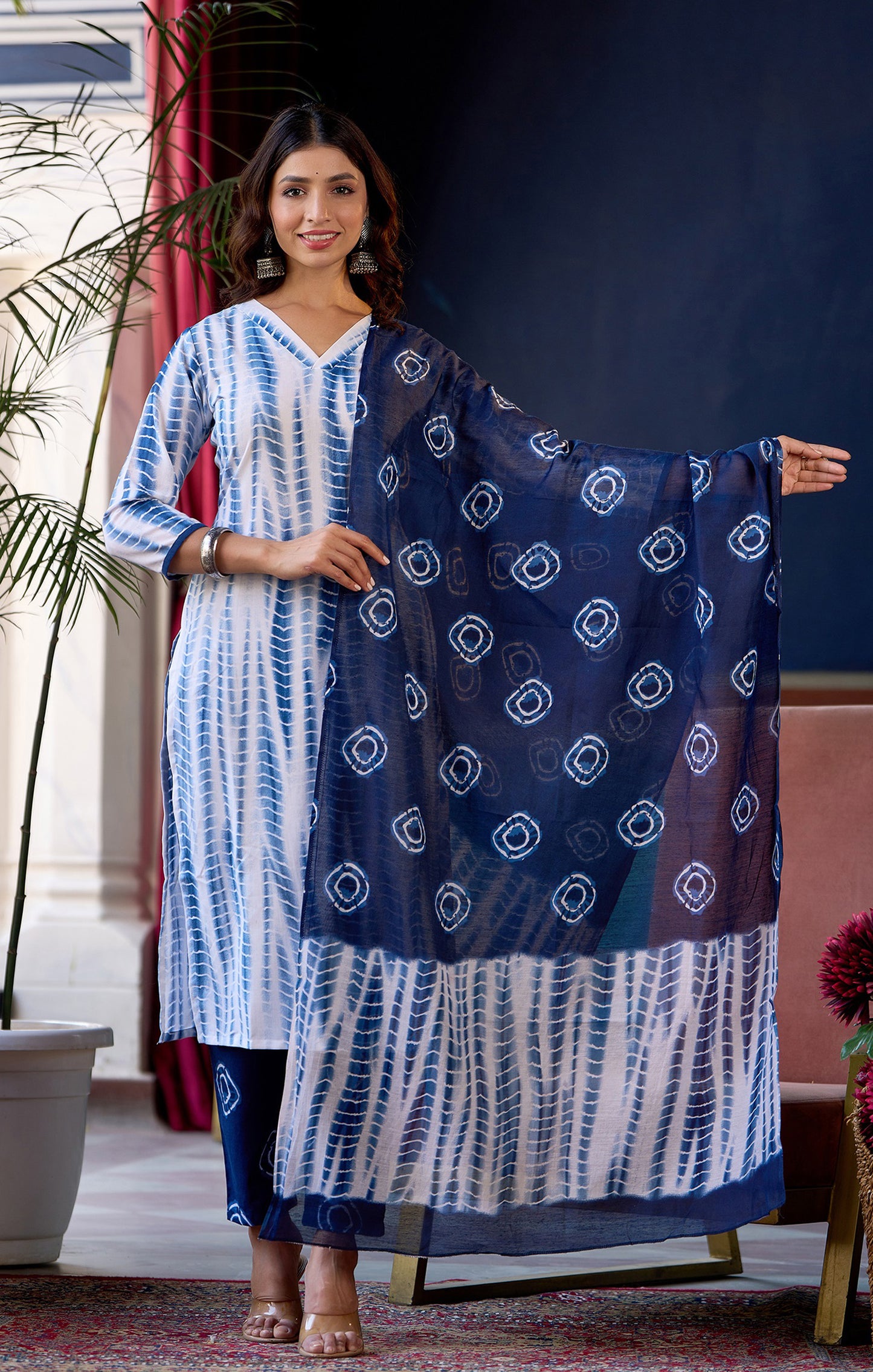 Shibori Women Dark Navy Blue Printed Viscose Rayon Kurta, Pant And Dupatta Set