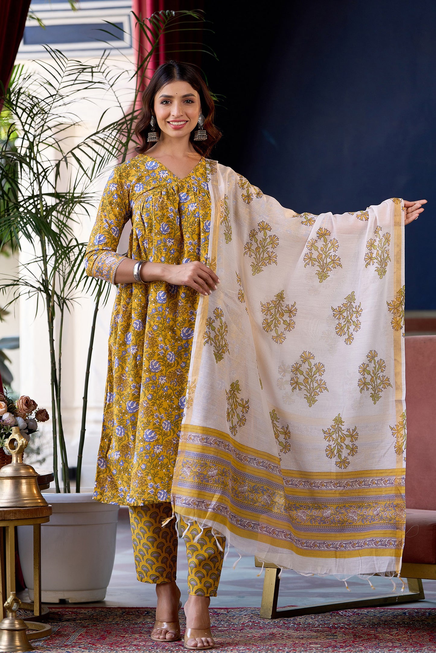 Mumtaz Women Yellow Printed Viscose Rayon Kurta, Pant And Dupatta Set