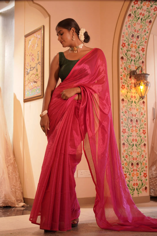 Camellia Red handloom Mul Tissue saree