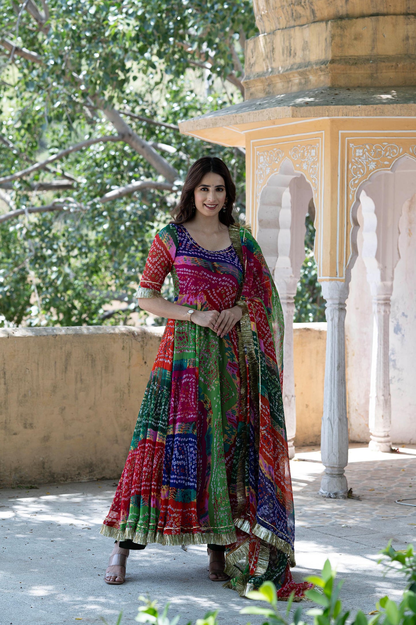 Multi color Rajasthani Color Cluster Pure Chiffon Suit Set