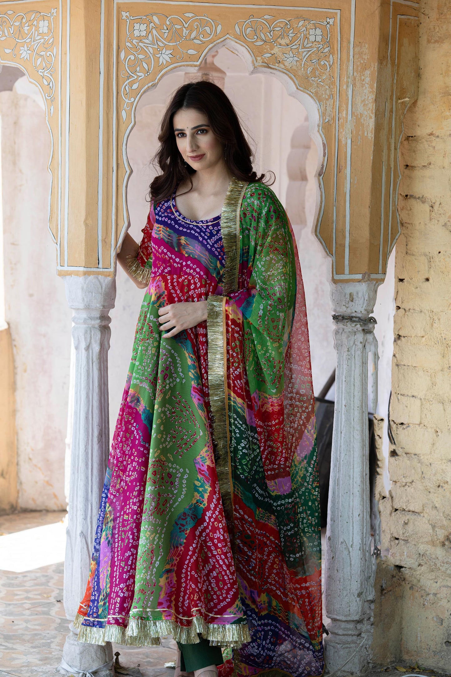 Multi color Rajasthani Color Cluster Pure Chiffon Suit Set