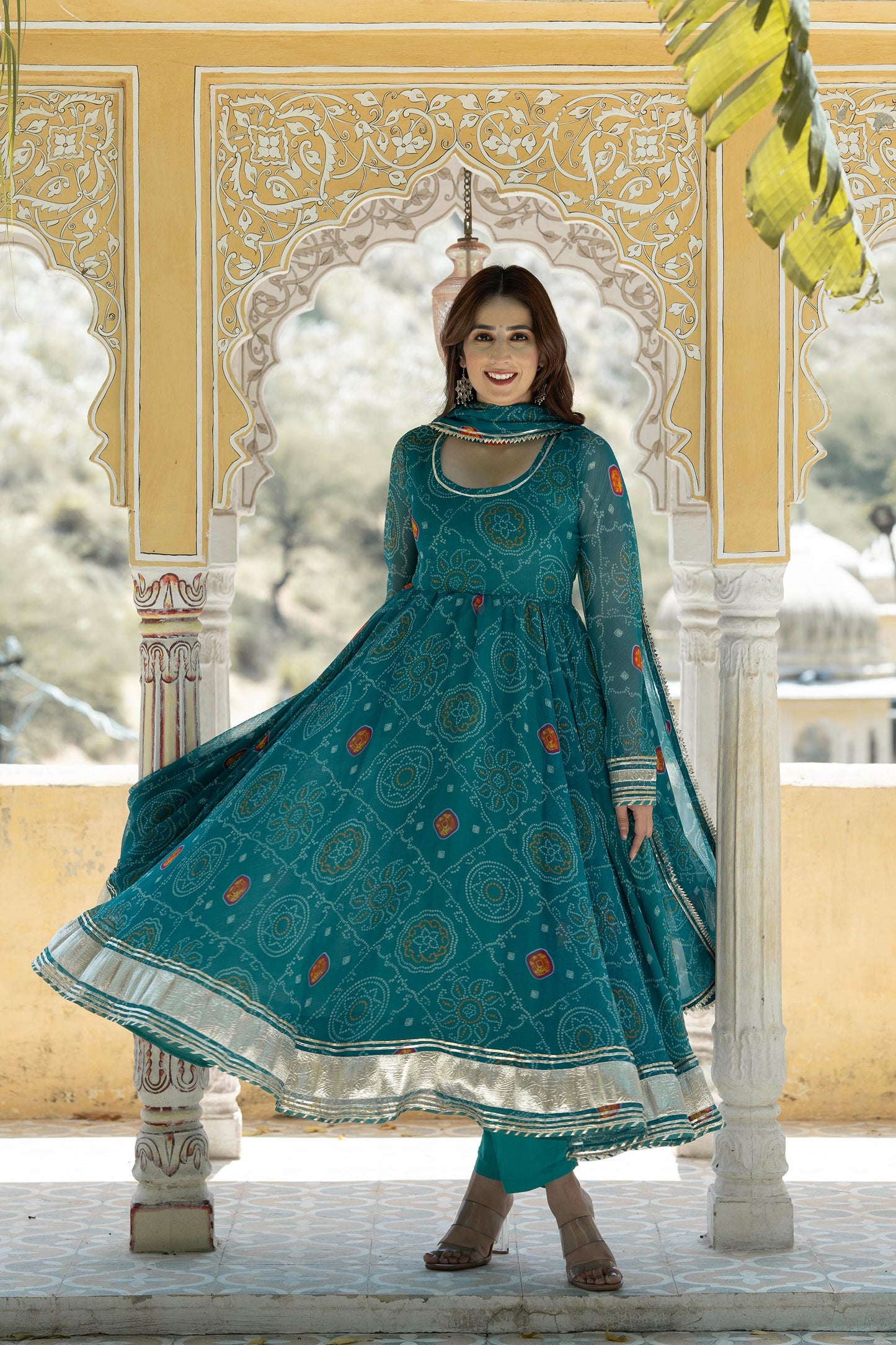 Rama green Bandhani Bliss Pure Chiffon Suit Set