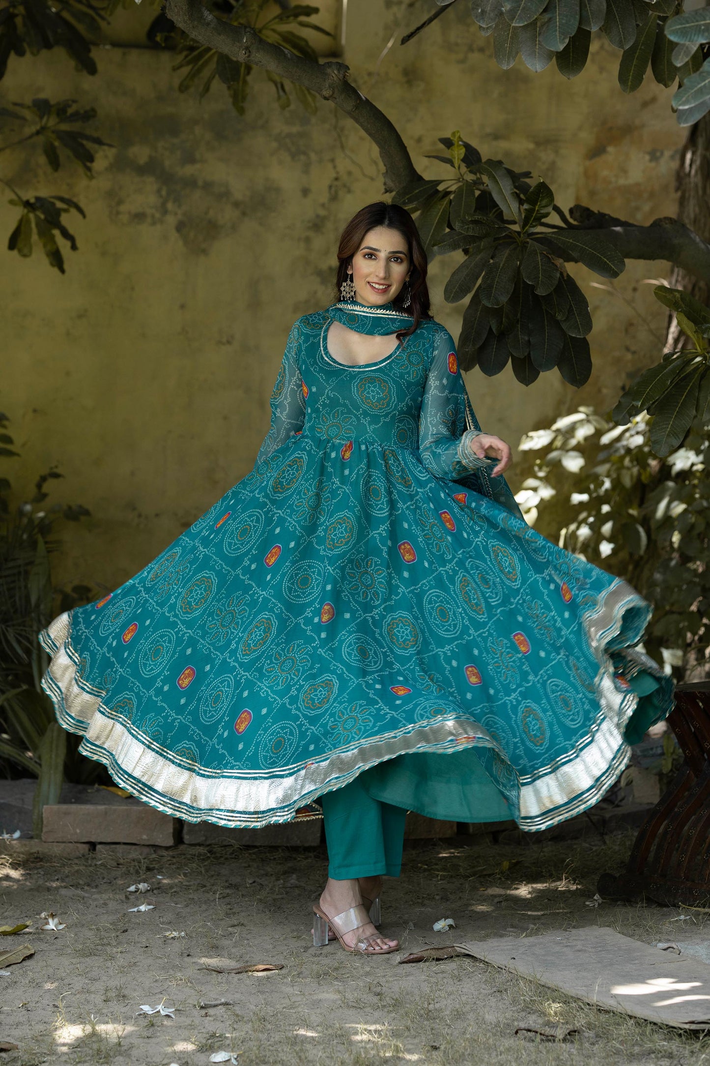 Rama green Bandhani Bliss Pure Chiffon Suit Set