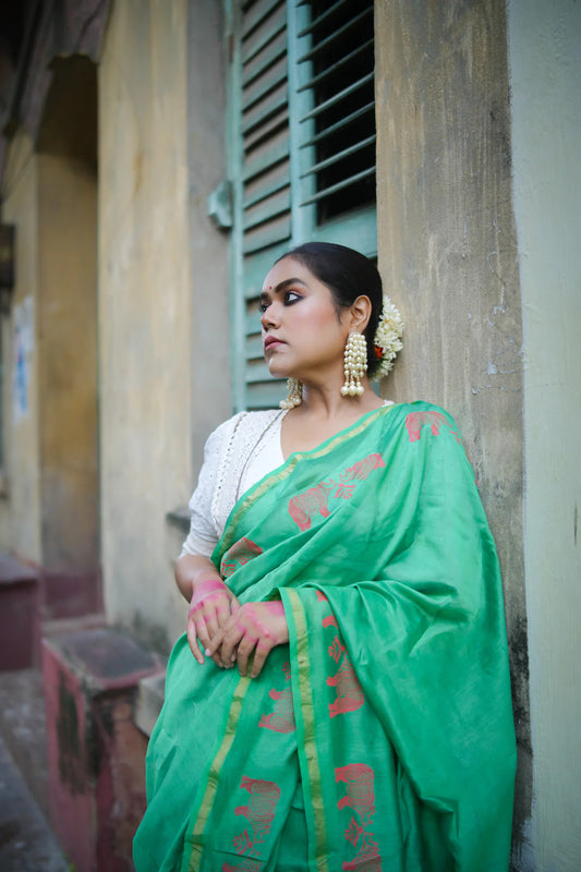 Endangered Elegance Green Chanderi Silk Handloom saree