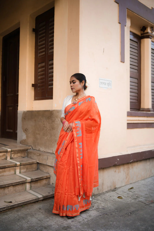 Rhino Dawn Orange Chanderi Handloom saree