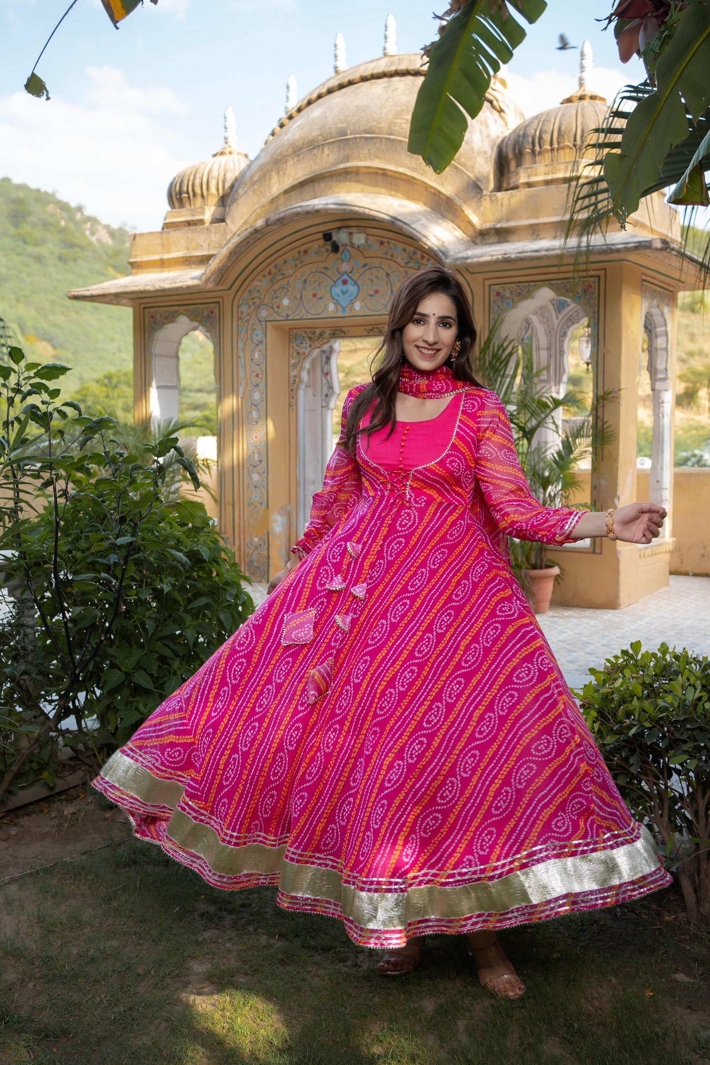 Fuchsia pink Gulabo Pure Chiffon Bandhani Suit Set