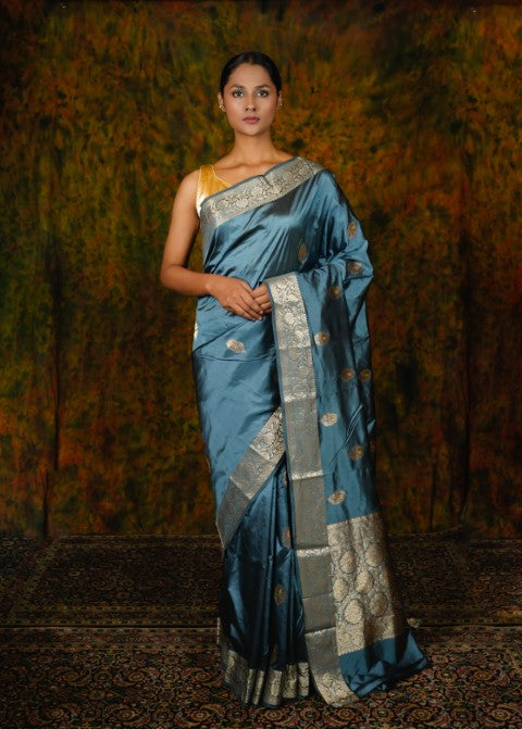 Teal Katan Pure Silk Saree - Panaya