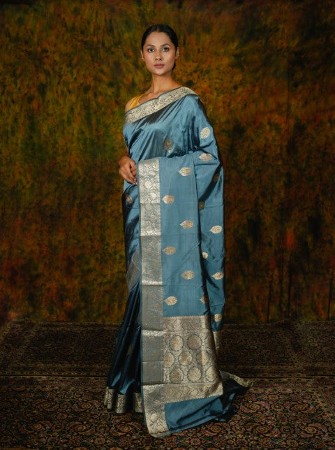 Teal Katan Pure Silk Saree - Panaya