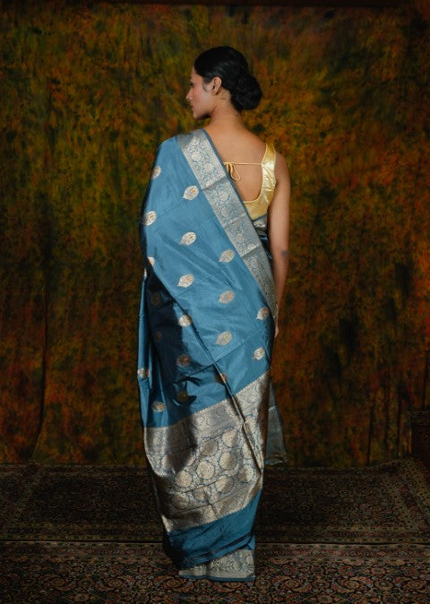 Teal Katan Pure Silk Saree - Panaya