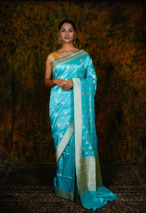 Sky Blue Katan Pure Silk Saree - Panaya