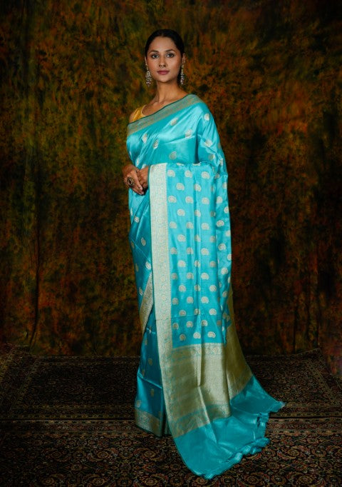 Sky Blue Katan Pure Silk Saree - Panaya