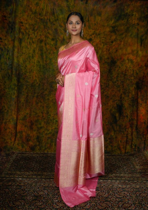 Baby Pink Katan Pure Silk Saree - Panaya