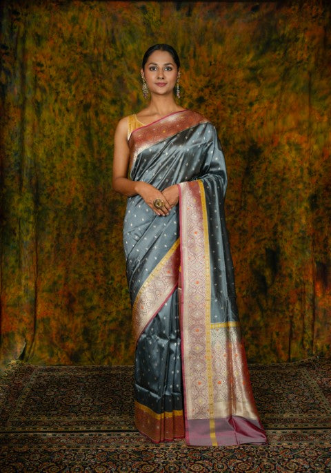 Steel Grey Katan Pure Silk Saree - Panaya