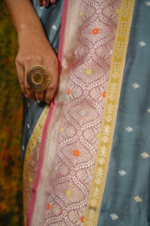 Steel Grey Katan Pure Silk Saree - Panaya