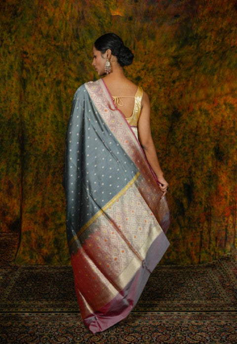 Steel Grey Katan Pure Silk Saree - Panaya