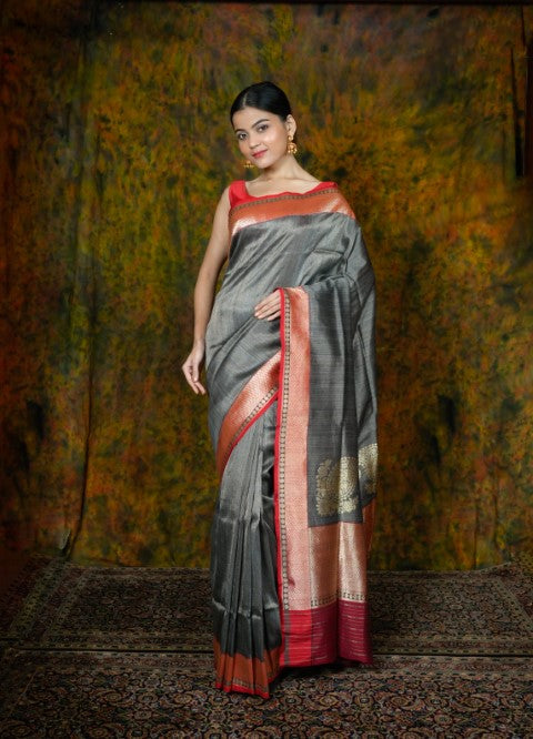 Steel Grey Katan Pure Silk Saree - Panaya