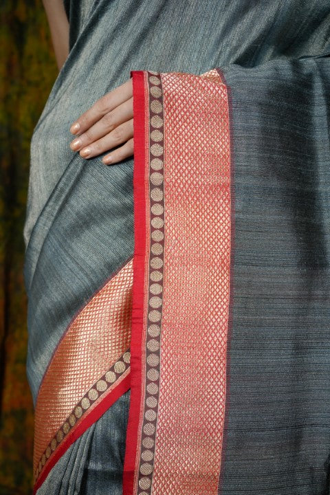 Steel Grey Katan Pure Silk Saree - Panaya