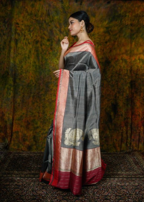 Steel Grey Katan Pure Silk Saree - Panaya