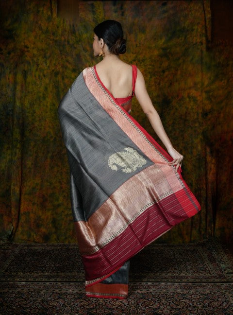 Steel Grey Katan Pure Silk Saree - Panaya