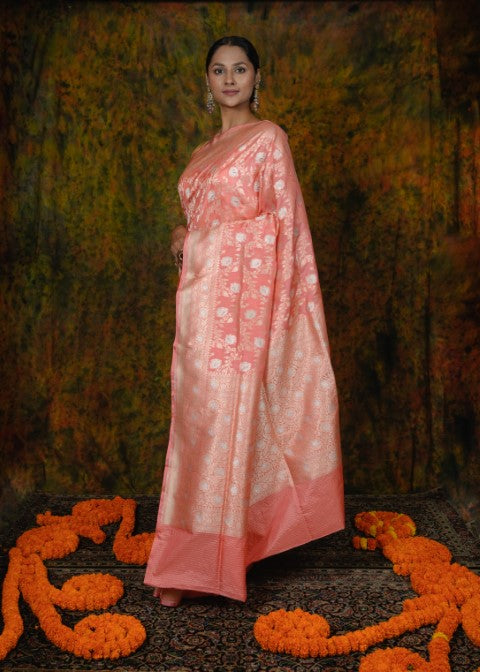 Peach Katan Pure Silk Cutwork Saree - Panaya