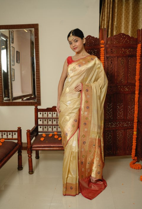 Cream Katan Pure Silk Saree - Panaya