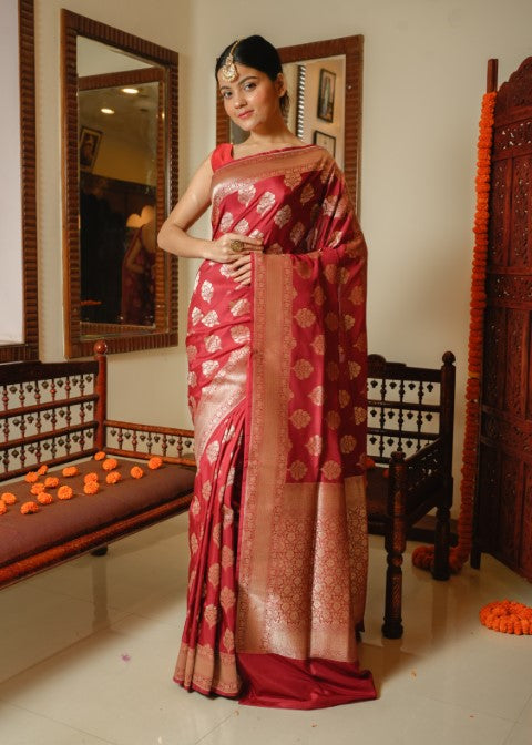 Maroon Katan Pure Silk Cutwork Saree - Panaya