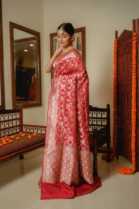 Red Katan Pure Silk Brocade Saree - Panaya