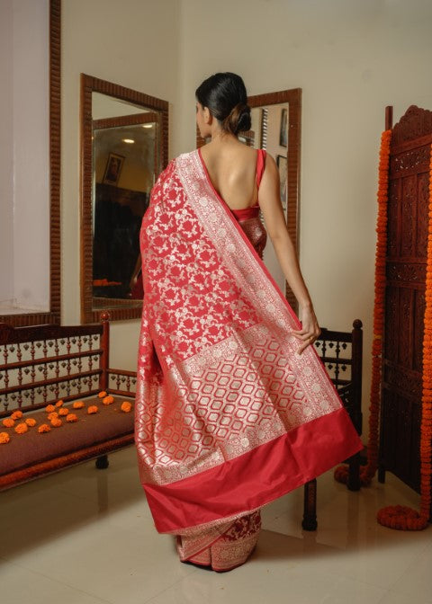 Red Katan Pure Silk Brocade Saree - Panaya