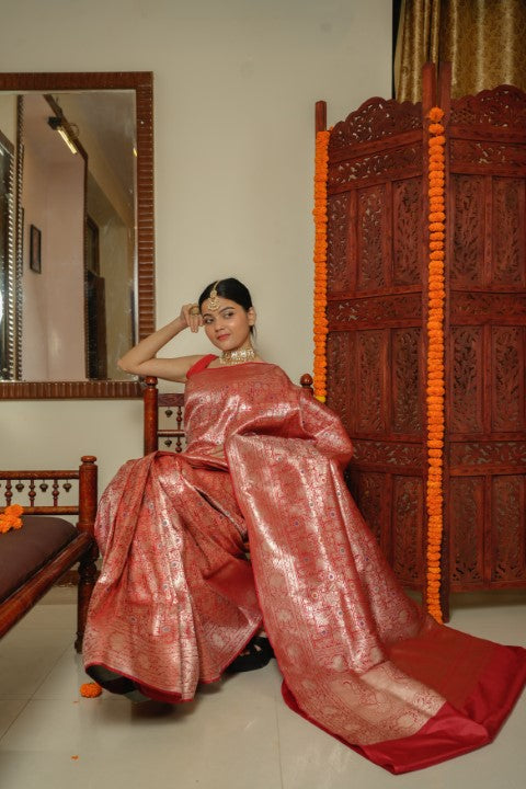 Red Katan Pure Silk Brocade Saree - Panaya