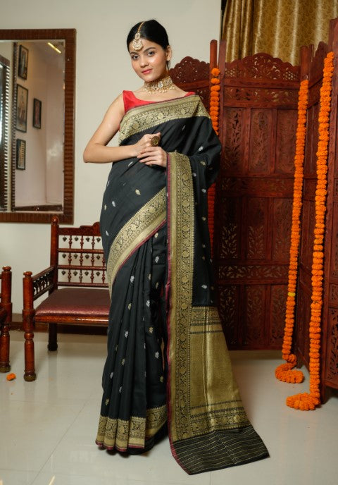 Black Katan Pure Silk Saree - Panaya