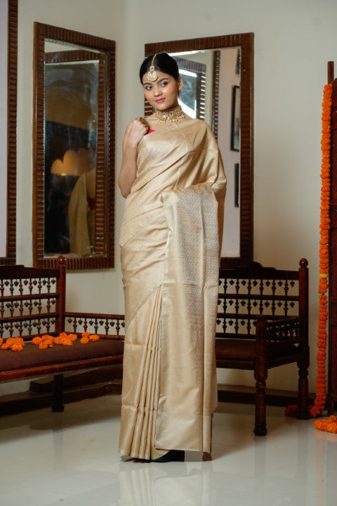 Cream Katan Pure Silk Saree - Panaya