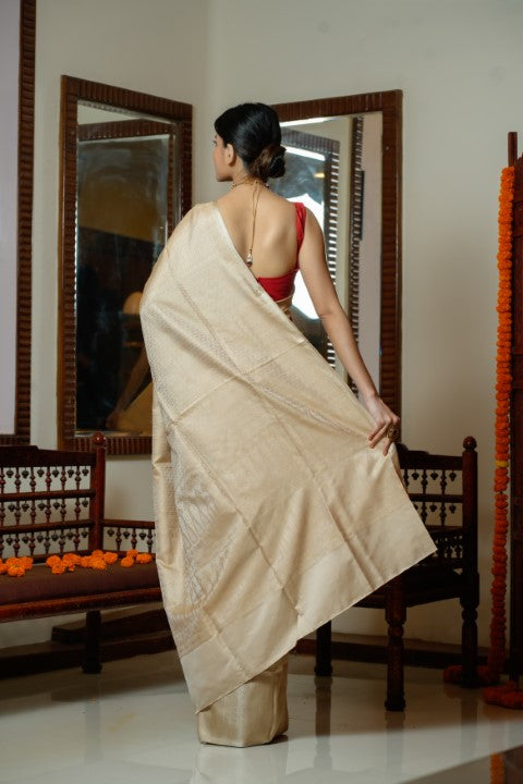 Cream Katan Pure Silk Saree - Panaya