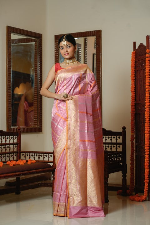 Baby Pink Katan Pure Silk Saree - Panaya