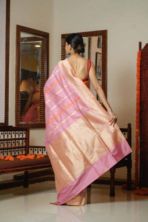 Baby Pink Katan Pure Silk Saree - Panaya