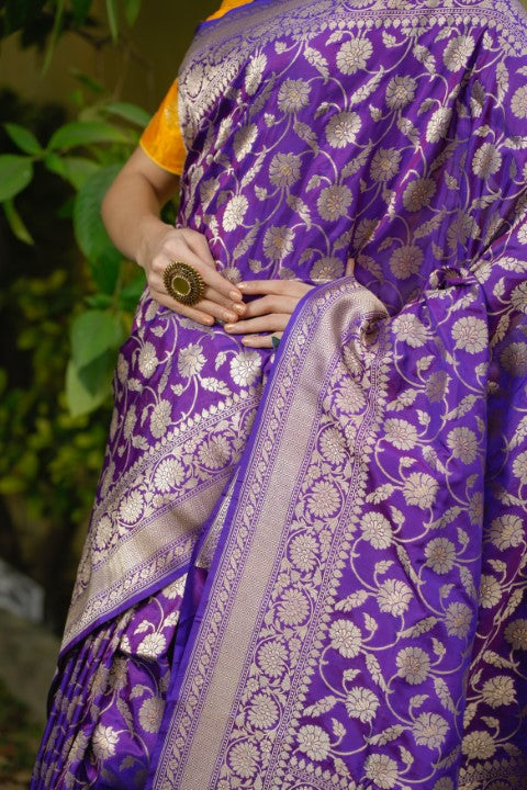 Purple Katan Pure Silk Cutwork Saree - Panaya