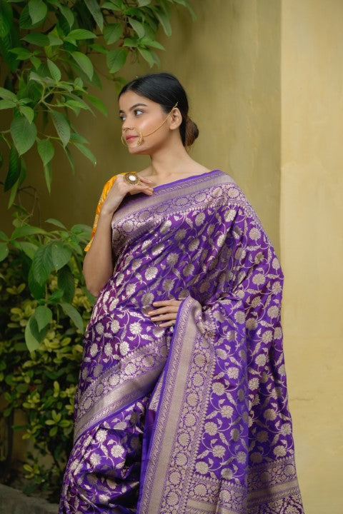 Purple Katan Pure Silk Cutwork Saree - Panaya