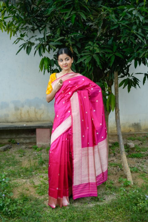 Rani Pink Katan Pure Silk Saree - Panaya