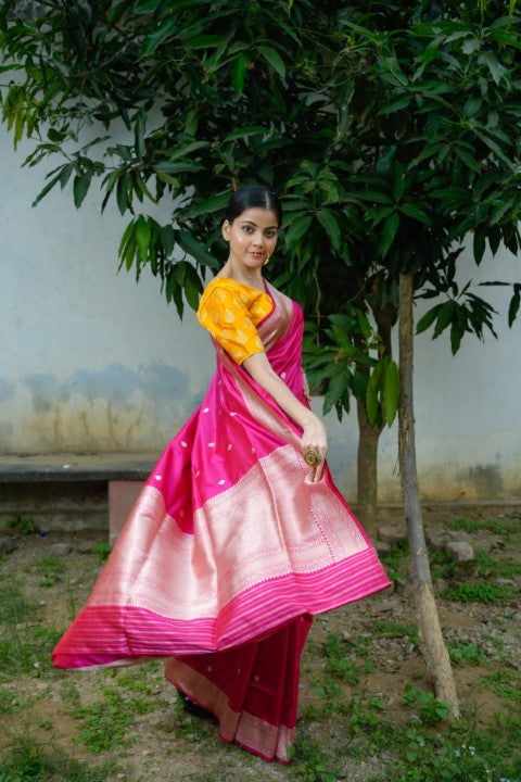 Rani Pink Katan Pure Silk Saree - Panaya